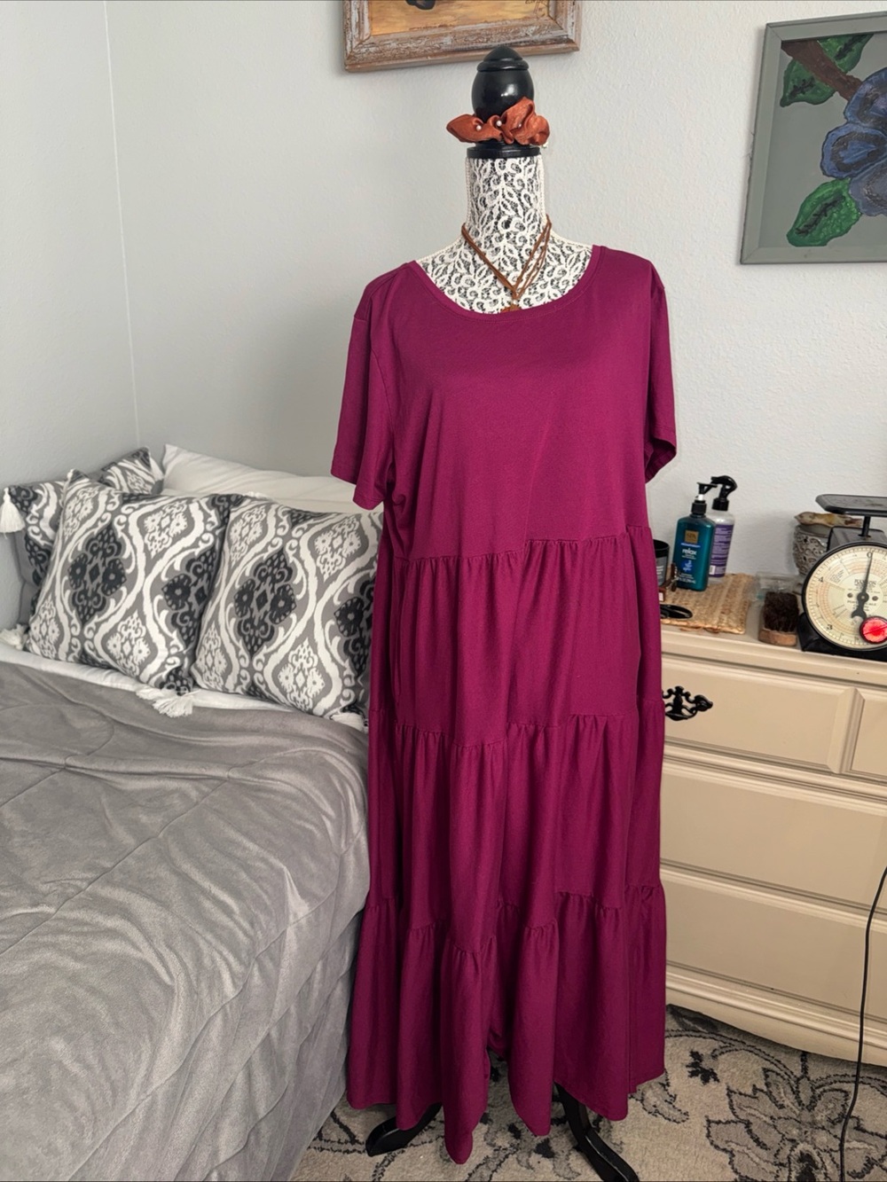 Woman Within Plum wine color Tiered Short-Sleeve Maxi Dress pockets Sz 1X 22/24